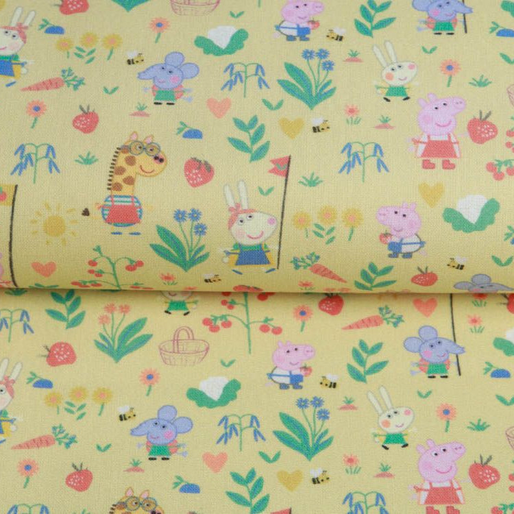 Webware Baumwolle Popeline Digitaldruck Peppa Pig - Peppa und Freunde im Garten - pastellgelb