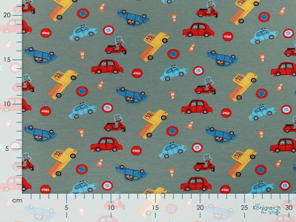 Webware Popeline Baumwolle - verschiedene Autos - altgrün