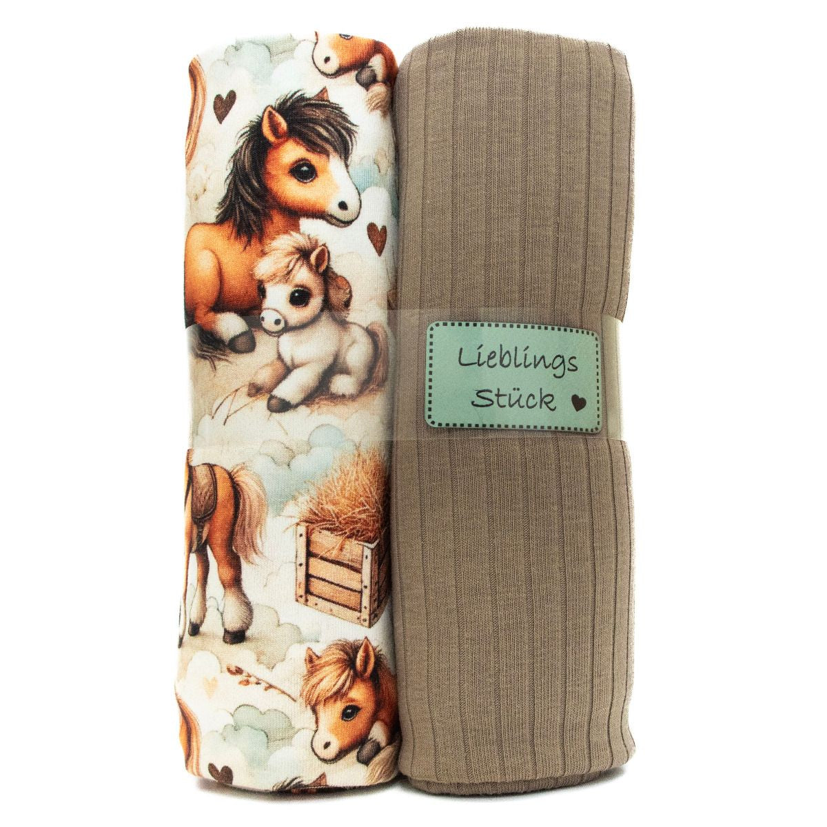 Jersey Stoffpaket mit Kunstleder-Label - süße Pferde - weiß - taupe