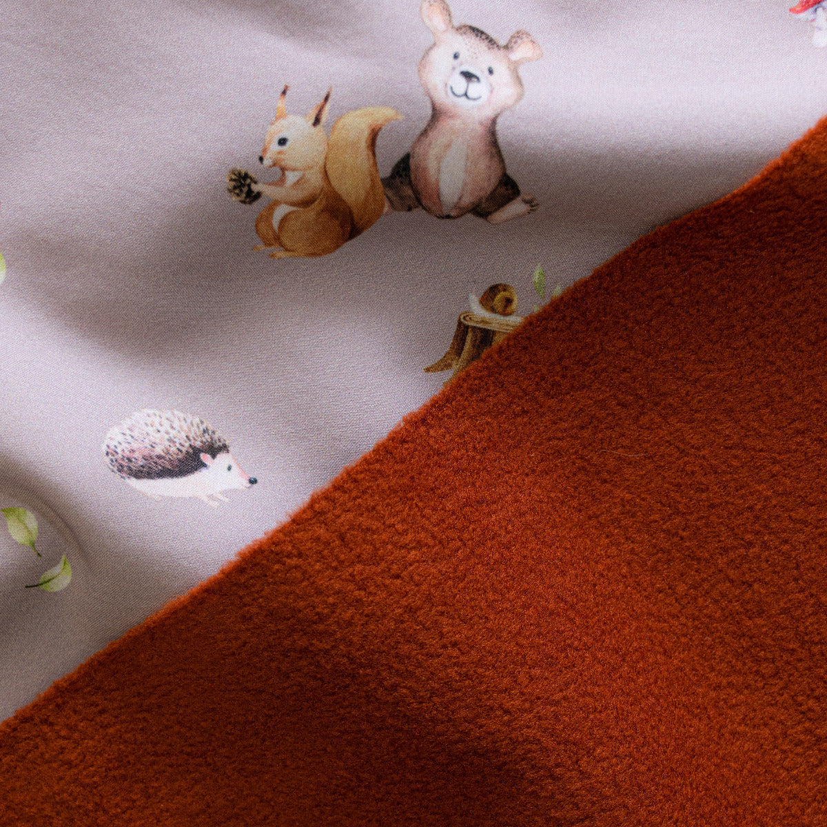 Softshell Jackenstoff - kleine Waldtiere - taupe/rost