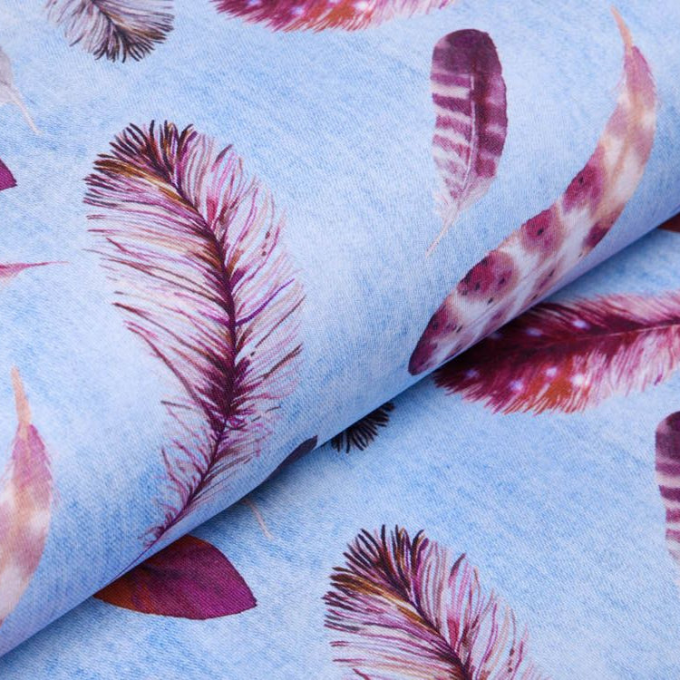 Jersey Digitaldruck in Jeansoptik Alya - Federn - blau