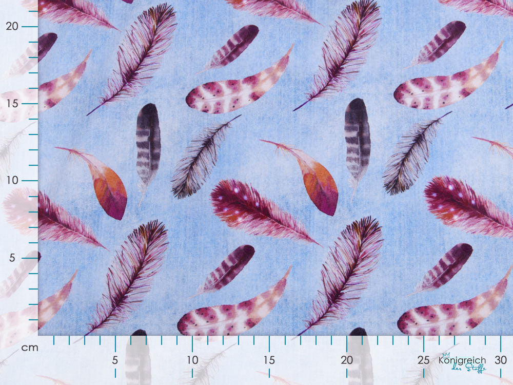 Jersey Digitaldruck in Jeansoptik Alya - Federn - blau