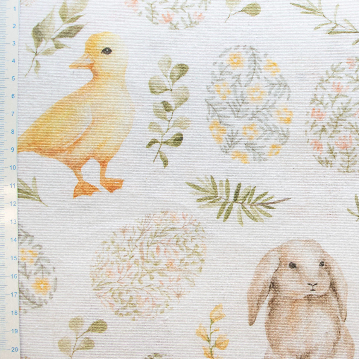 Dekostoff Half-Panama - süße Häschen und Küken - weiß