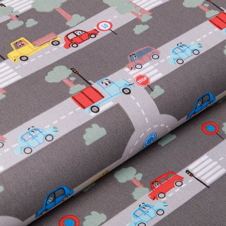 Webware Popeline Baumwolle - Autos und Straßen - grau