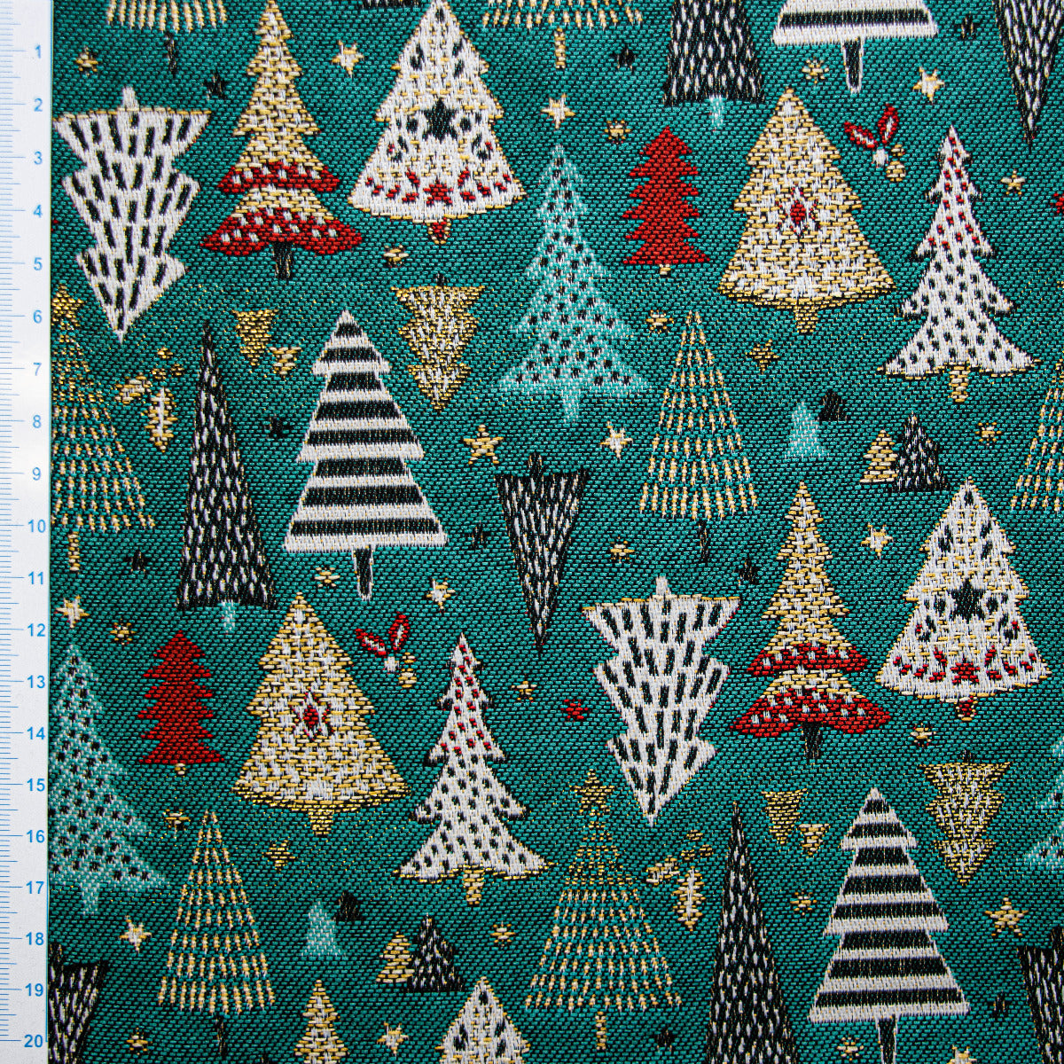 Jacquard Gobelin Dekostoff mit Glitzer in Leinenoptik - gemusterte Weihnachtsbäume