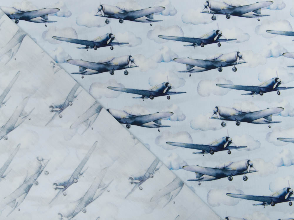 Webware Popeline Baumwolle Digitaldruck - Flugzeuge - hellblau
