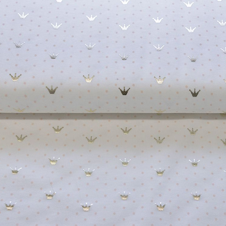 Jersey Cotton mit Foliendruck - Kronen und Punkte - weiß