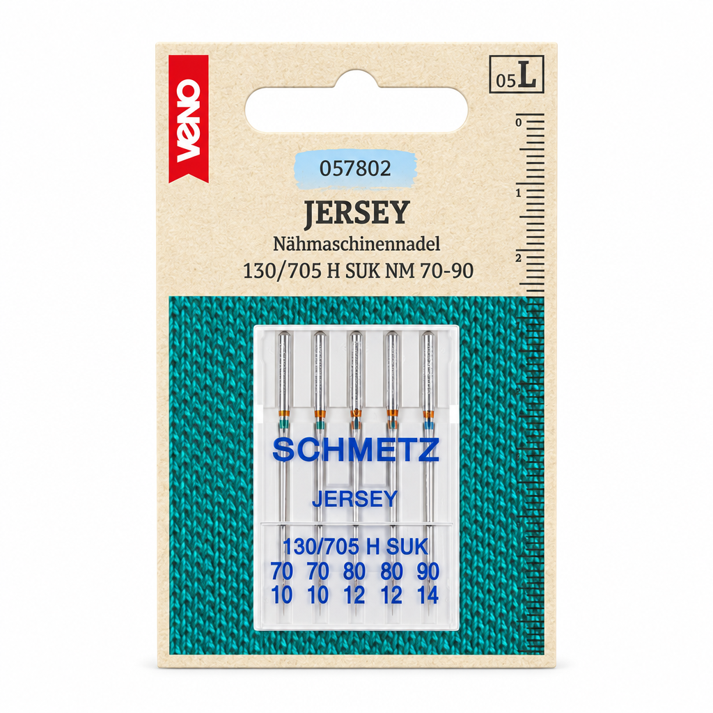 Jersey-Nähmaschinennadeln auf weißem Hintergrund
