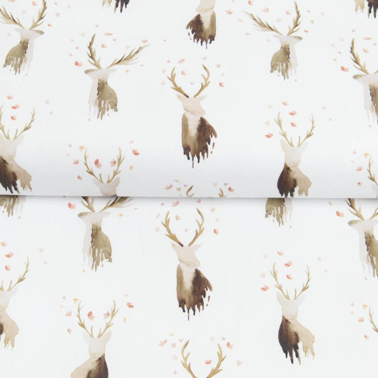 Webware Baumwolle Popeline Digitaldruck Mix Leif Snoozy - Rentiere und kleine Vögel - weiß