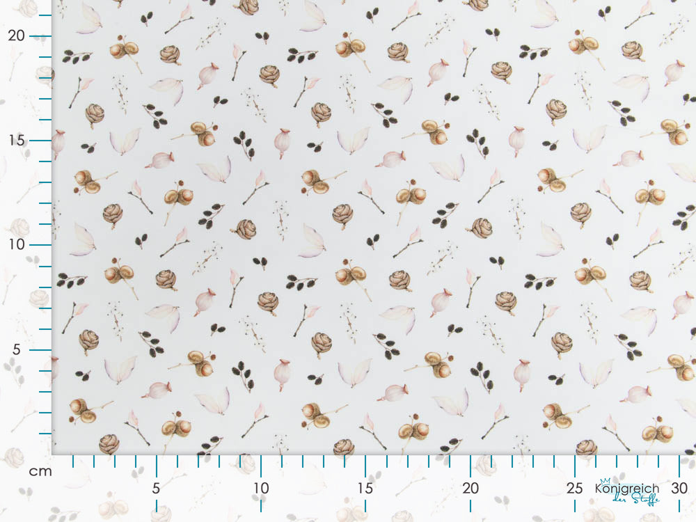 Webware Baumwolle Popeline Digitaldruck Mix Blaze Snoozy - Eicheln und Zweige - weiß