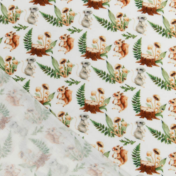 Musselin Double Gauze Digitaldruck Mix Blaze Snoozy - Eichhörnchen und Pilze - weiß