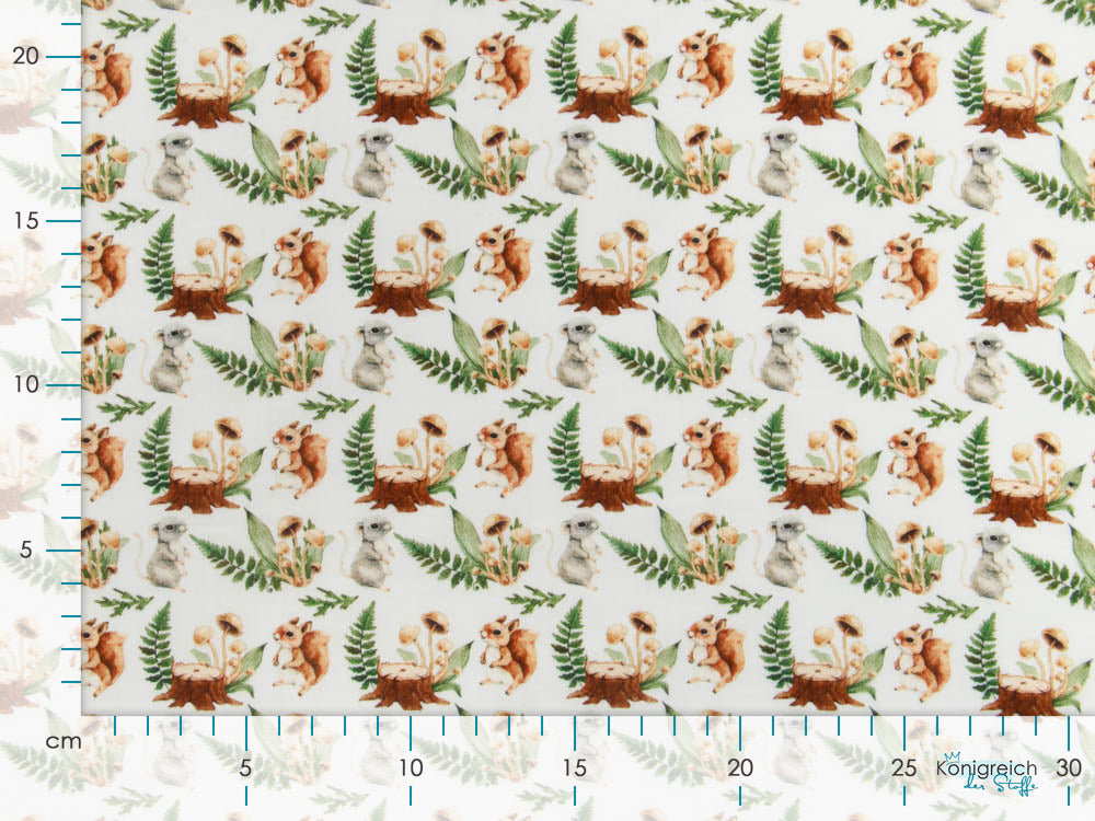 Musselin Double Gauze Digitaldruck Mix Blaze Snoozy - Eichhörnchen und Pilze - weiß