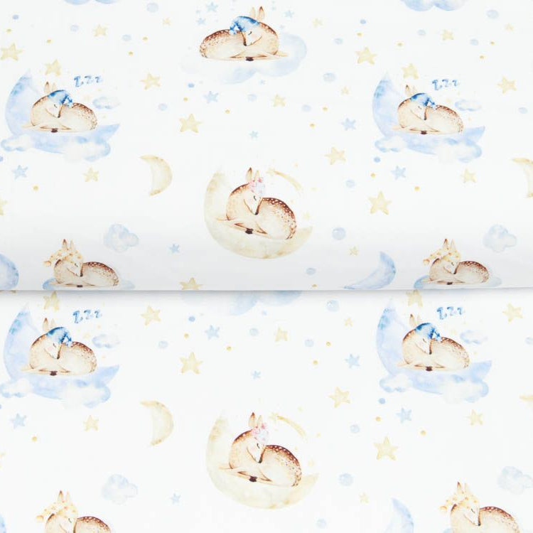 Webware Baumwolle Popeline Digitaldruck Mix Cloudy Snoozy - schlafende Rehe auf Wolken - weiß