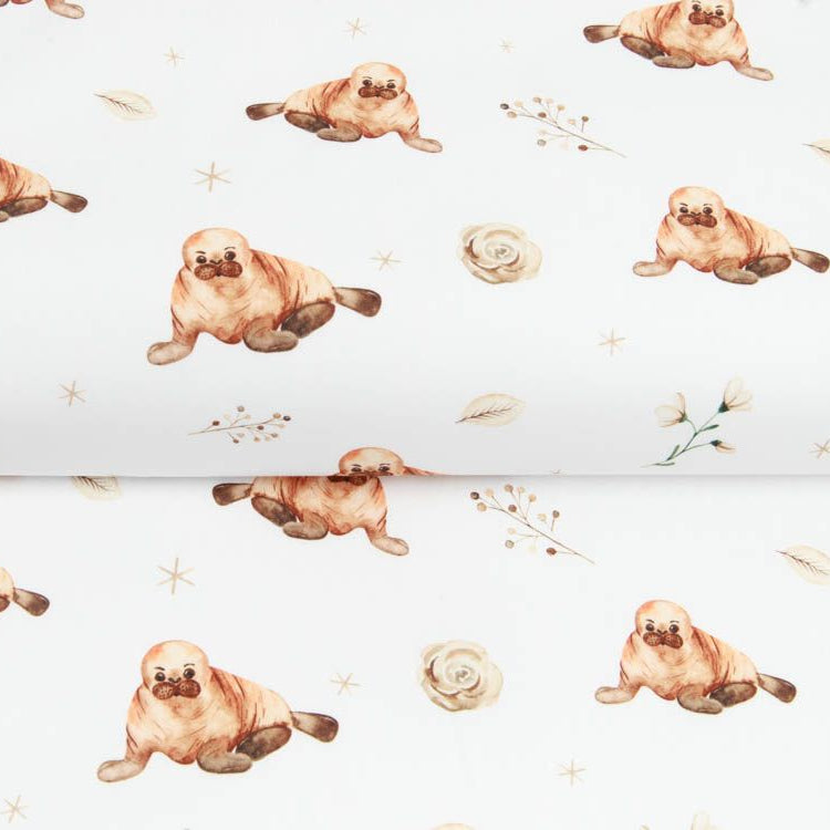 Webware Baumwolle Popeline Digitaldruck Mix Senna Snoozy - Walrosse - weiß