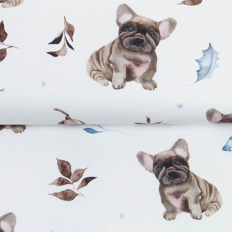 Webware Baumwolle Popeline Digitaldruck Mix Frenchie Snoozy - große Bulldoggen und Zweige - weiß