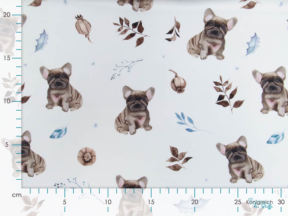 Webware Baumwolle Popeline Digitaldruck Mix Frenchie Snoozy - große Bulldoggen und Zweige - weiß