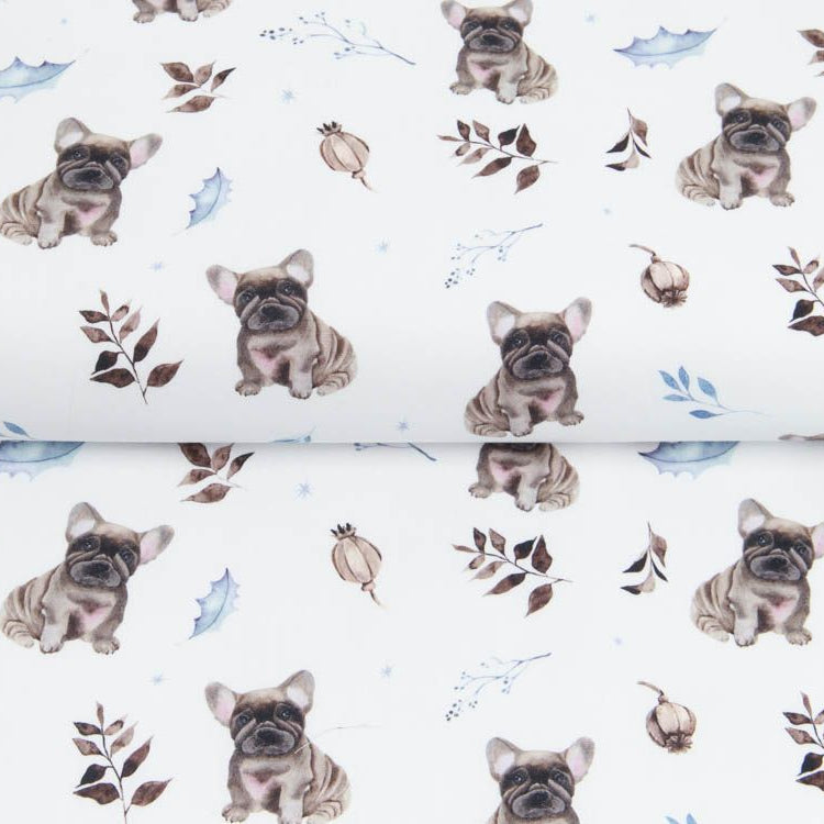 Webware Baumwolle Popeline Digitaldruck Mix Frenchie Snoozy - süße Bulldoggen und Zweige - weiß