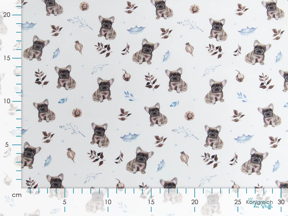 Webware Baumwolle Popeline Digitaldruck Mix Frenchie Snoozy - süße Bulldoggen und Zweige - weiß