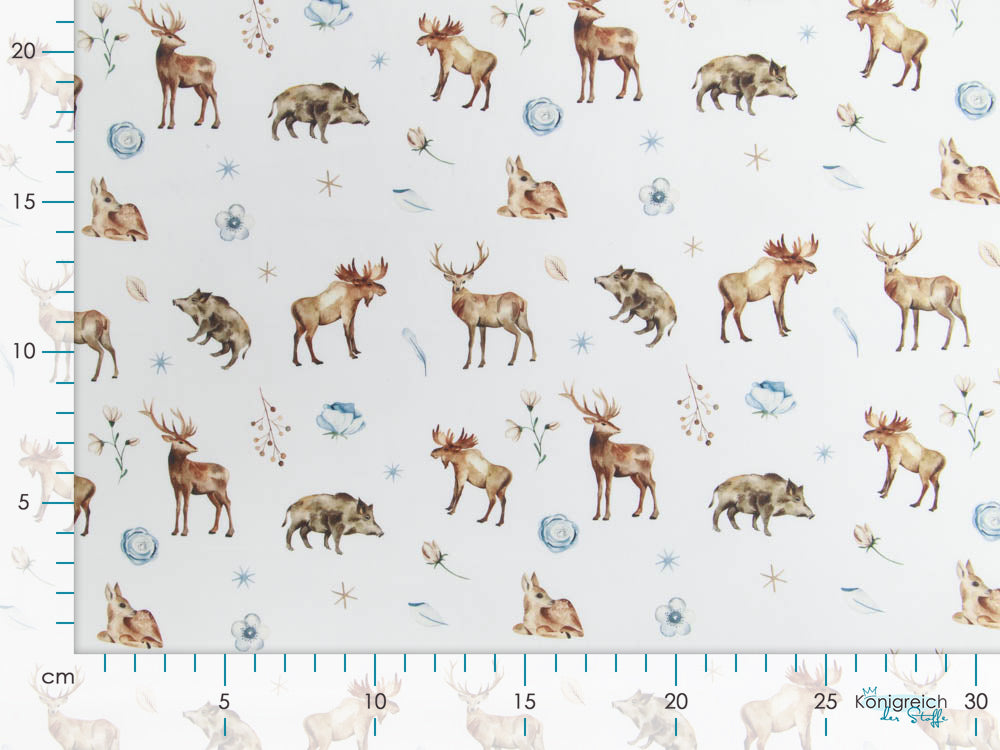 Webware Baumwolle Popeline Digitaldruck Mix Bluebell Snoozy - Rentiere - weiß