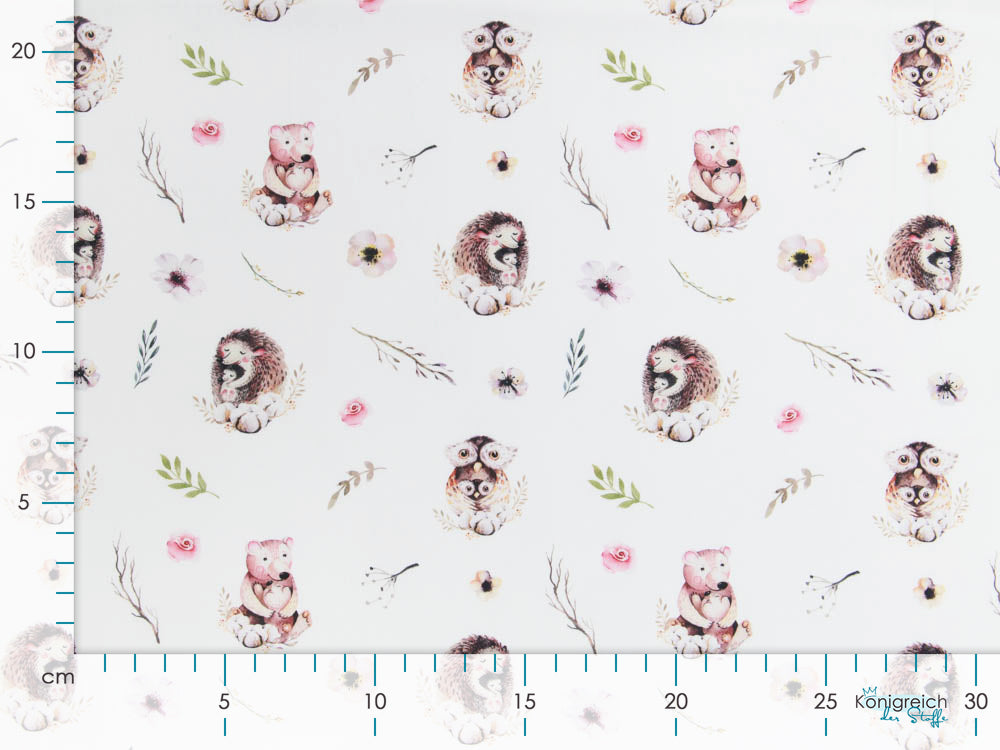 Webware Baumwolle Popeline Digitaldruck Mix Ayla Snoozy - Eulen und Bärenfamilien - weiß