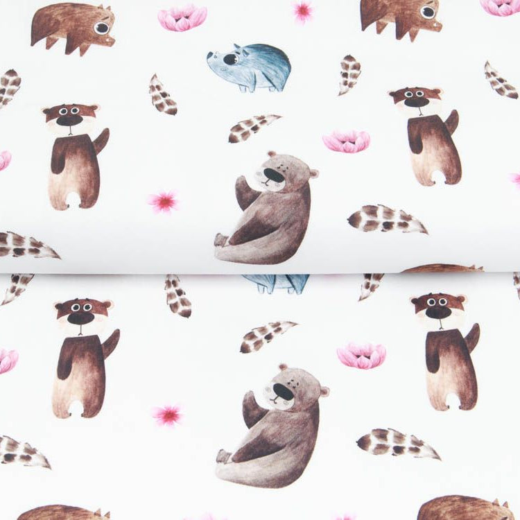 Webware Baumwolle Popeline Digitaldruck Mix Finn Snoozy - Bären und Wildschweine - weiß