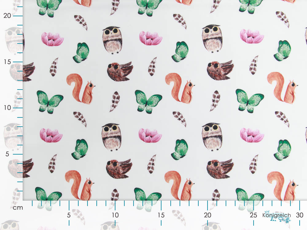Webware Baumwolle Popeline Digitaldruck Mix Finn Snoozy - Eulen und Vögel - weiß