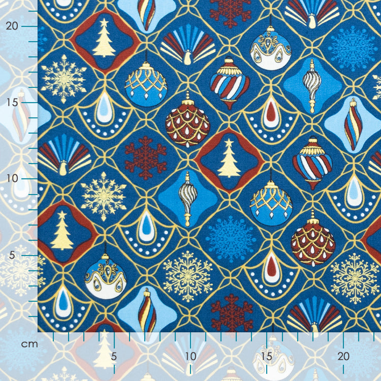 Webware Baumwolle Popeline mit Foliendruck - Weihnachtlicher Baumbehang und Eiskristalle - Marineblau