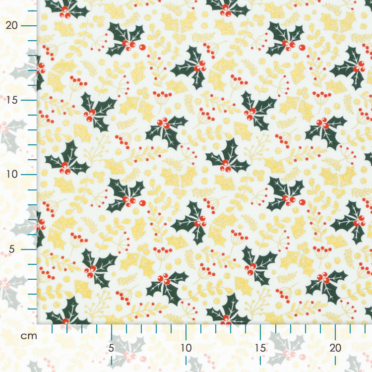 Webware Baumwolle Popeline mit Foliendruck - Stechpalme und Winterbeeren