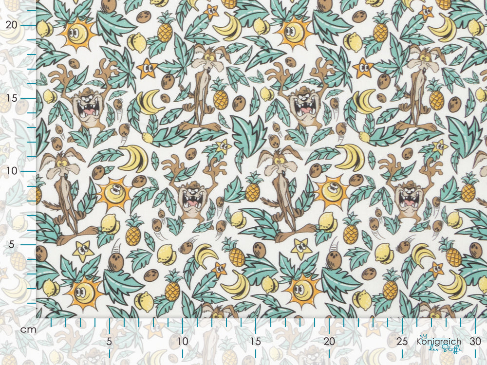 Webware Baumwolle Popeline Digitaldruck Tweety - Kojote und Taz im Blätterwald - weiß