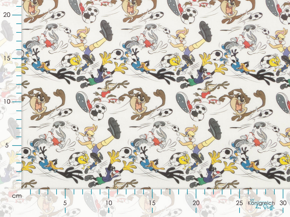 Webware Baumwolle Popeline Digitaldruck Looney Tunes - Bugs Bunny und Freunde spielen Fußball - weiß