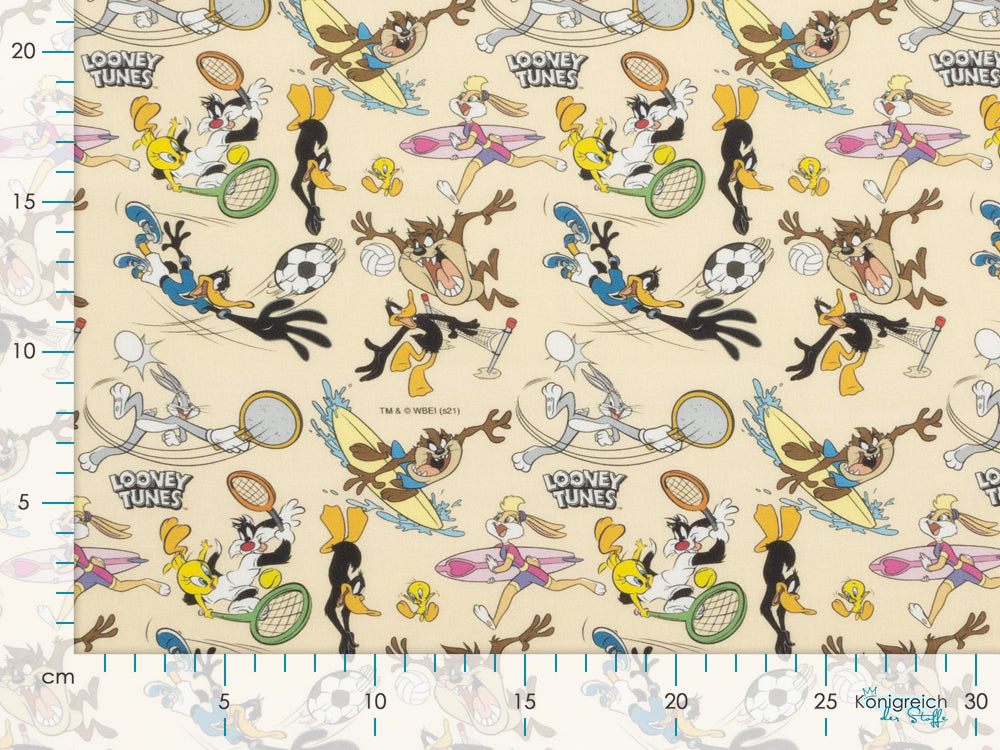 Webware Baumwolle Popeline Digitaldruck Looney Tunes - Bugs Bunny und Freunde beim Sport - pfirsich