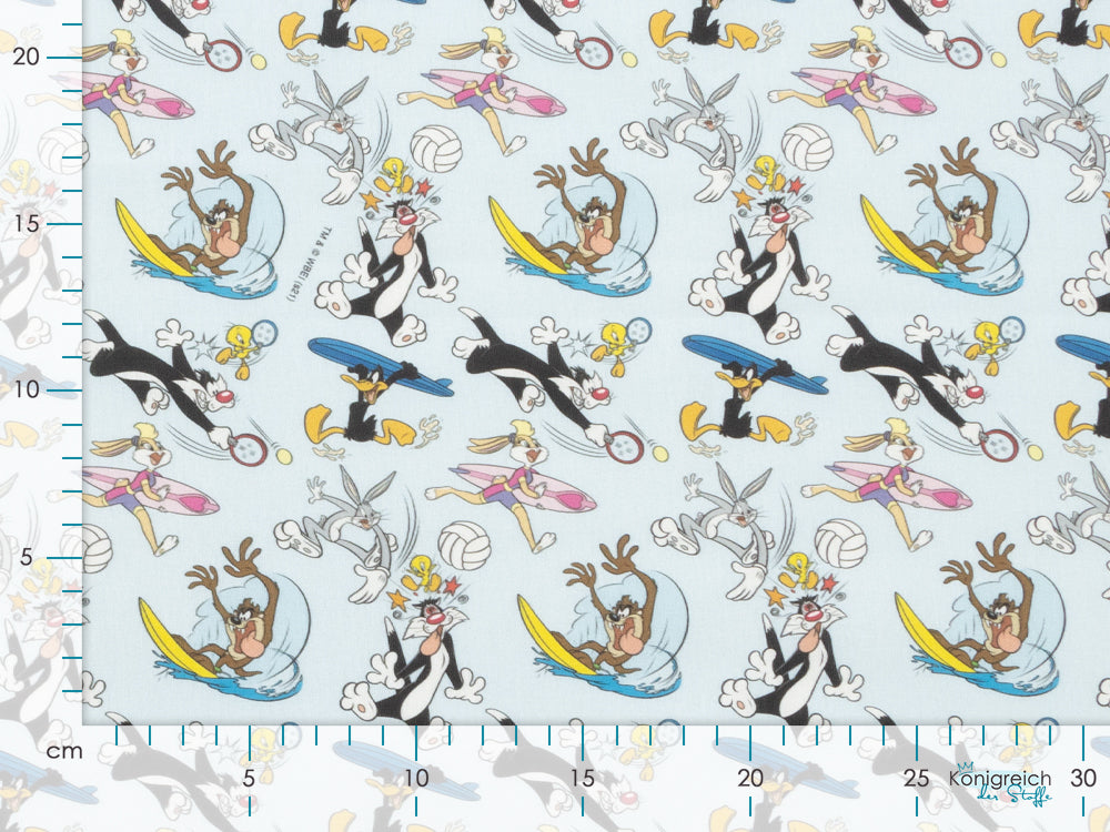 Webware Baumwolle Popeline Digitaldruck Looney Tunes - Bugs Bunny und Freunde beim Sport - pfirsich