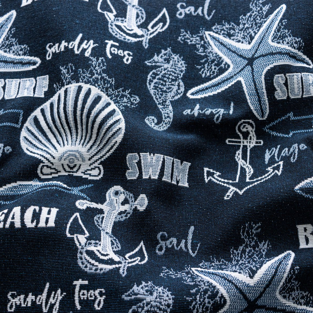 Jacquard gewebt - Polster-, Deko- u. Taschenstoff - Muscheln und Seesterne - marineblau