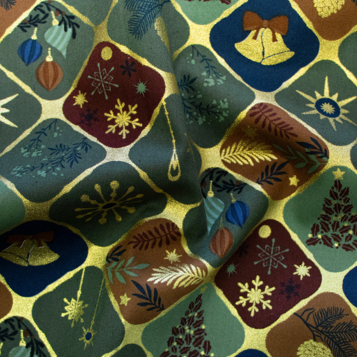 Webware Baumwolle Popeline mit Foliendruck - Weihnachtsschmuck - Olivgrün