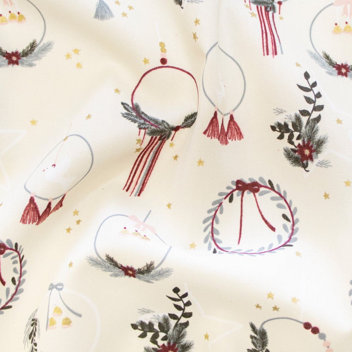 Webware Baumwolle Popeline mit Foliendruck - Weihnachtskränze - Wollweiß