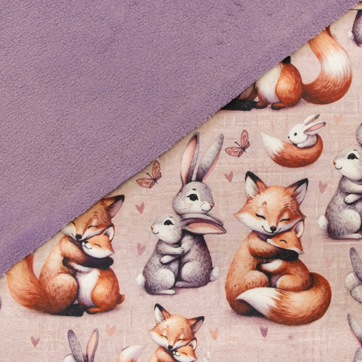 Jackenstoff mit Fleece - Innenseite Digitaldruck - süße Füchse und Häschen - rosa