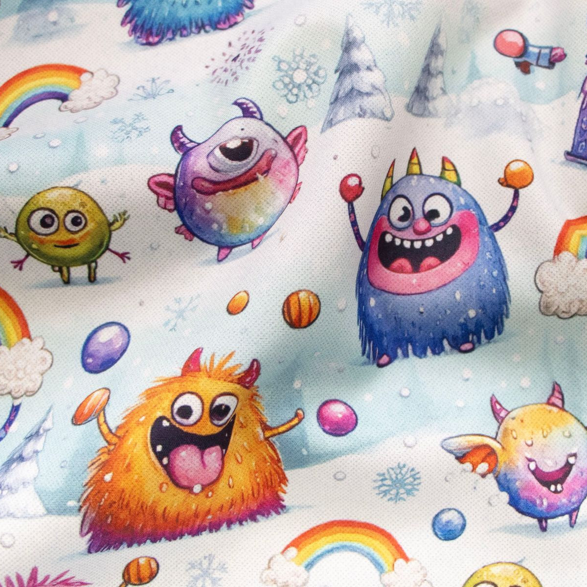 Jackenstoff mit Fleece - Innenseite Digitaldruck - verrückte Monster - hellblau