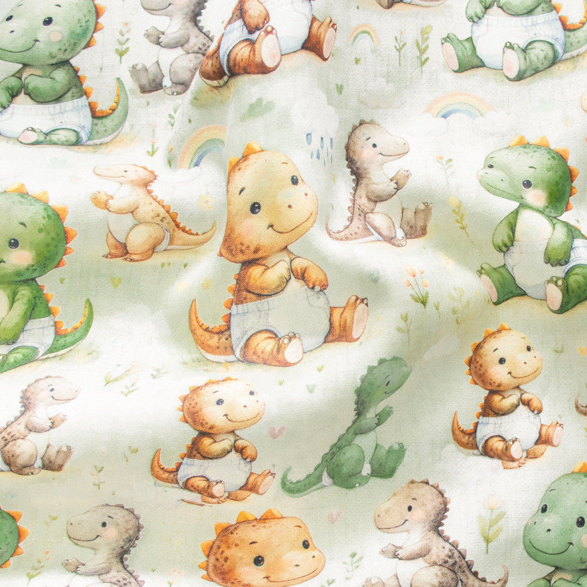 Jackenstoff mit Fleece - Innenseite Digitaldruck - süße Dinos - Hellgrün