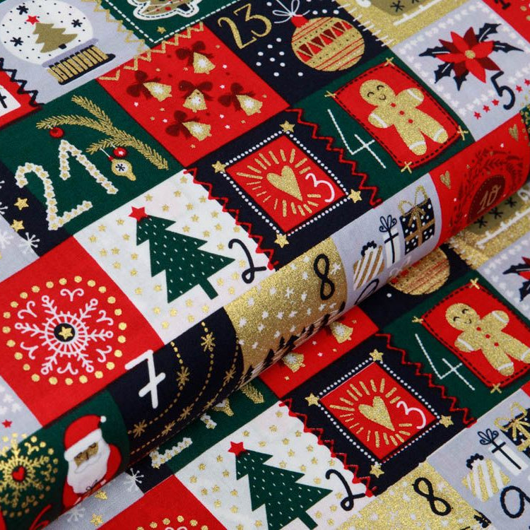 Webware Baumwolle Popeline mit Foliendruck - Weihnachtskalender und Lebkuchenmann