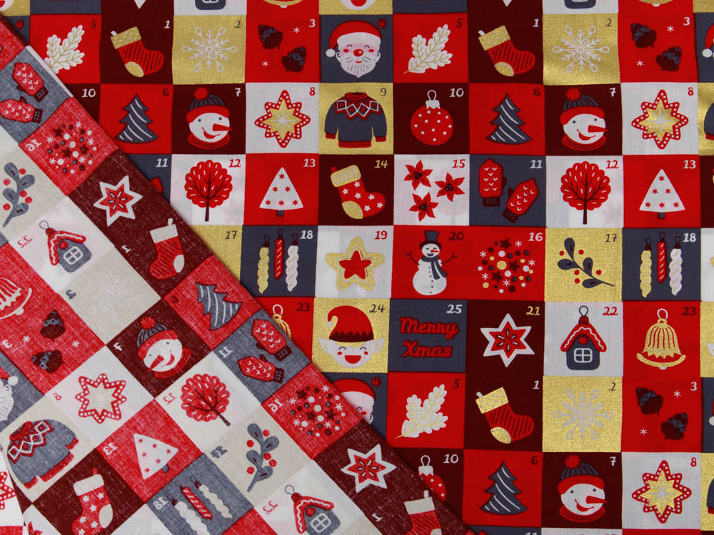 Webware Baumwolle Popeline mit Foliendruck - Weihnachtliche Figuren auf Karos