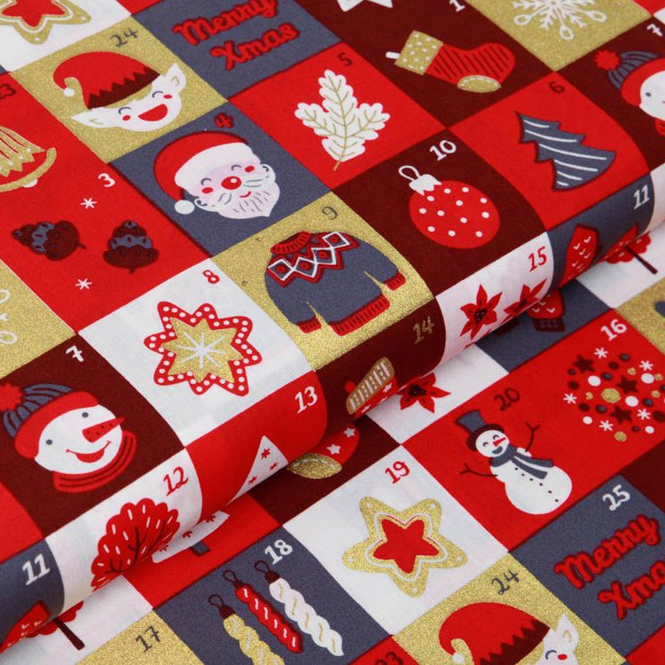 Webware Baumwolle Popeline mit Foliendruck - Weihnachtliche Figuren auf Karos