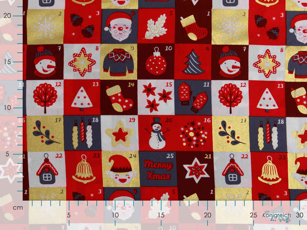 Webware Baumwolle Popeline mit Foliendruck - Weihnachtliche Figuren auf Karos