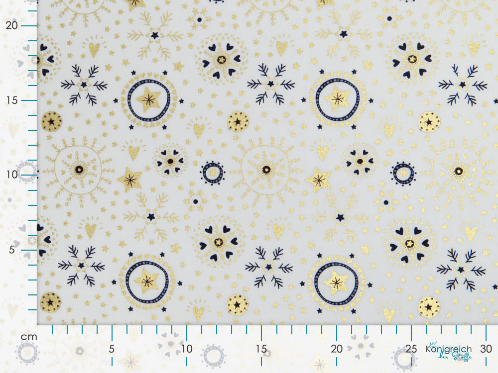 Webware Baumwolle Popeline mit Foliendruck - Weihnachtliche Kristalle und Herzen - wollweiß