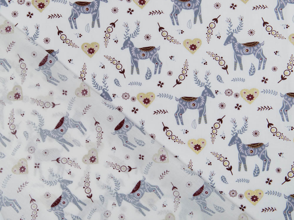 Webware Baumwolle Popeline mit Foliendruck - Weihnachtliche Hirsche und Herzen