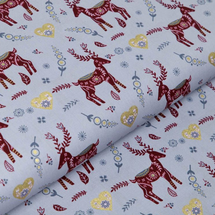 Webware Baumwolle Popeline mit Foliendruck - Weihnachtliche Hirsche und Herzen