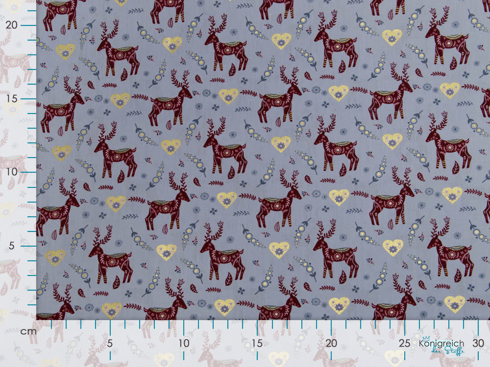 Webware Baumwolle Popeline mit Foliendruck - Weihnachtliche Hirsche und Herzen