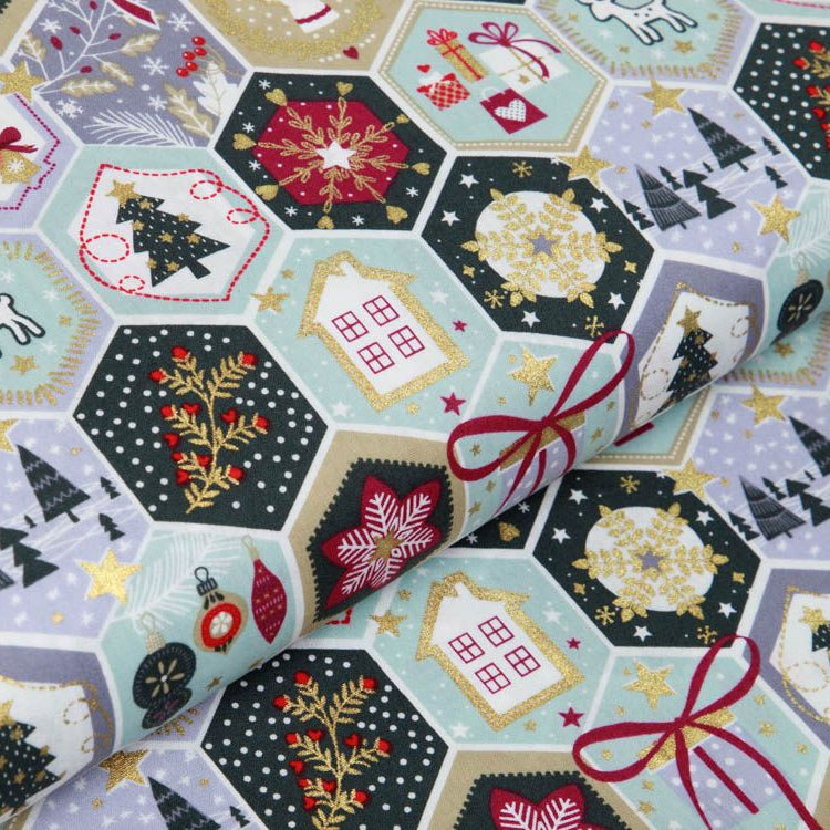 Webware Baumwolle Popeline mit Foliendruck - Weihnachtliche Patches