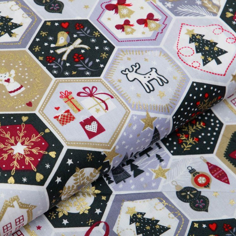 Webware Baumwolle Popeline mit Foliendruck - Weihnachtliche Patches