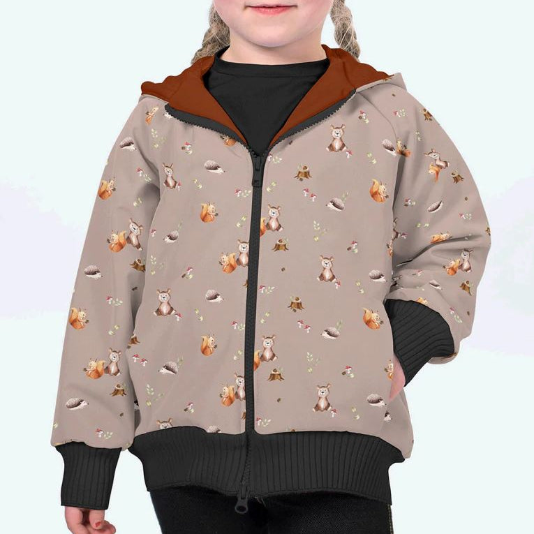 Softshell Jackenstoff - kleine Waldtiere - taupe/rost