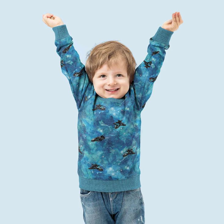 Angerauter Sweat - Raumschiffe im Weltall - blau